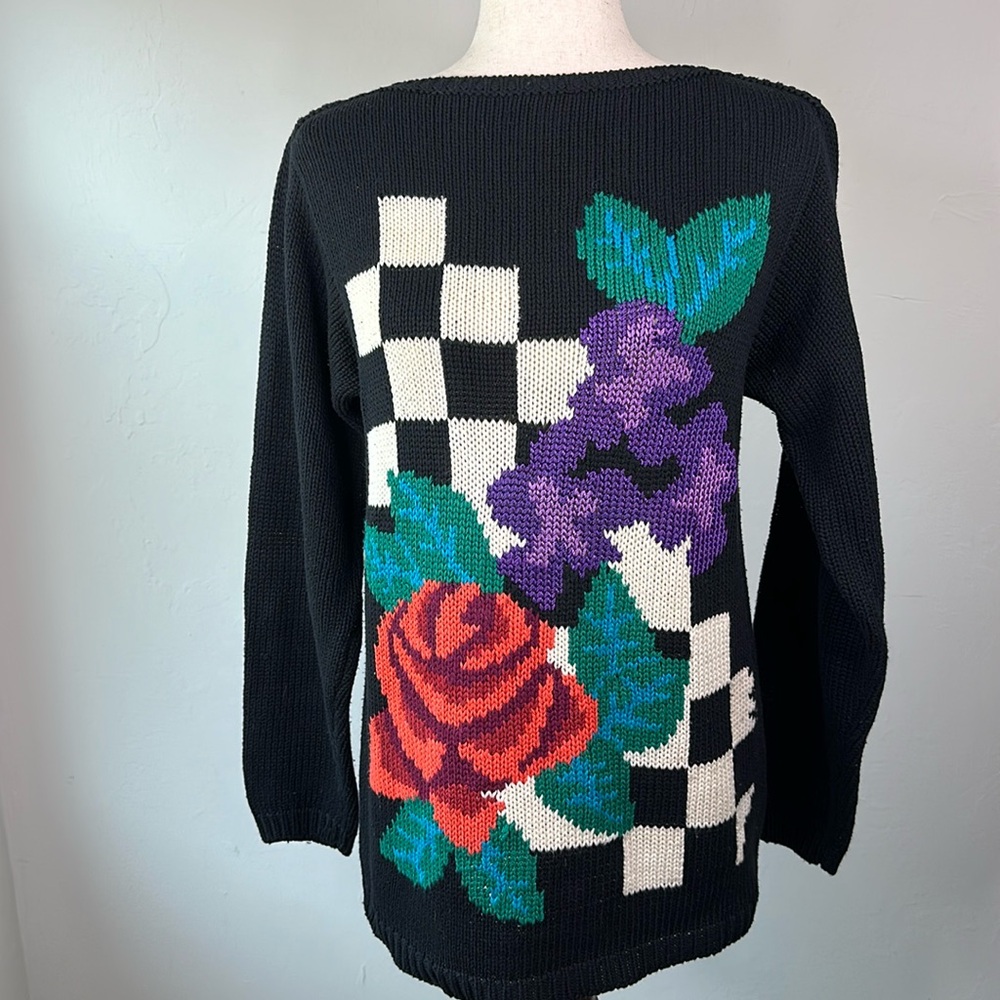 Vintage 80's Jimmy Garcia NY Black Checkerboard Floral Hand Loomed Sweater
